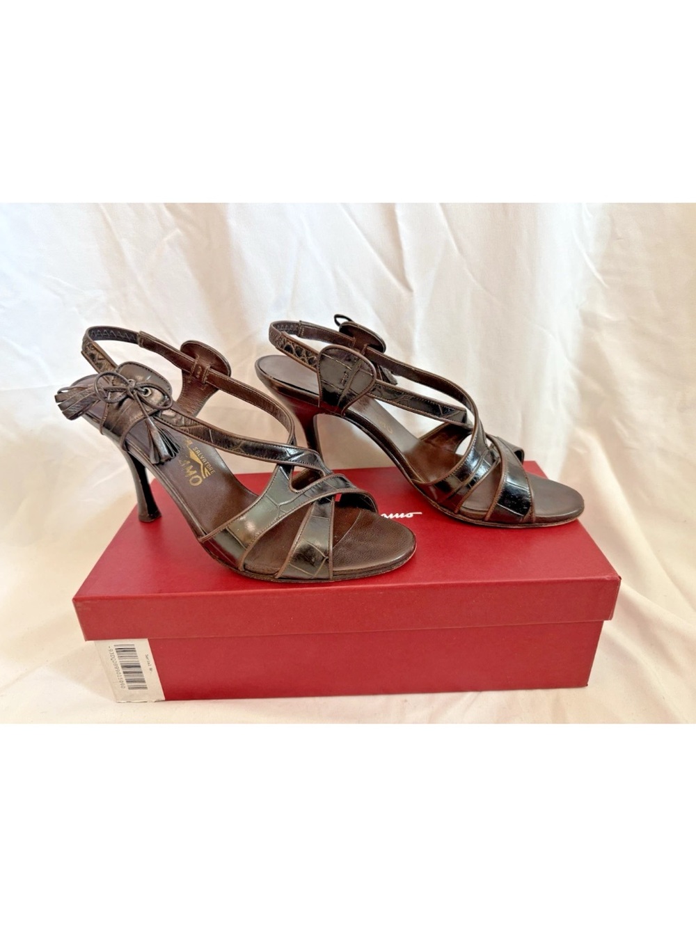 Salvatore Ferragamo Brown Embossed Leather Sandal Heels - Size 9 B
